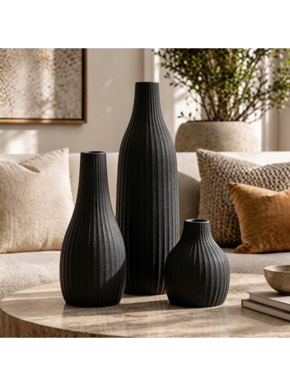 Set of 3 Matte Black Ceramic Vases - Minimalist Decorative Flower Holders